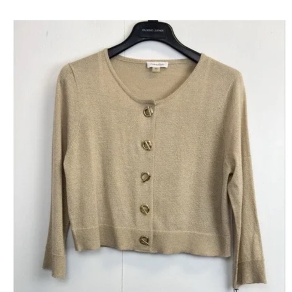 Calvin Klein Gold Metallic Toggle Buttons Cropped Cardigan  sleeve 3/4 size M - Picture 3 of 5